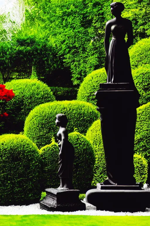 Prompt: A black and white garden with a red statue