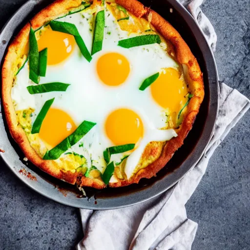 Image similar to a delicious fried egg deep dish pizza with green ketchup sauce.