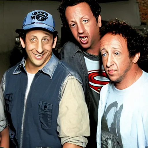 Image similar to Adam Sandler, Rob Schneider, and Paulie Shore, style of DC comics,