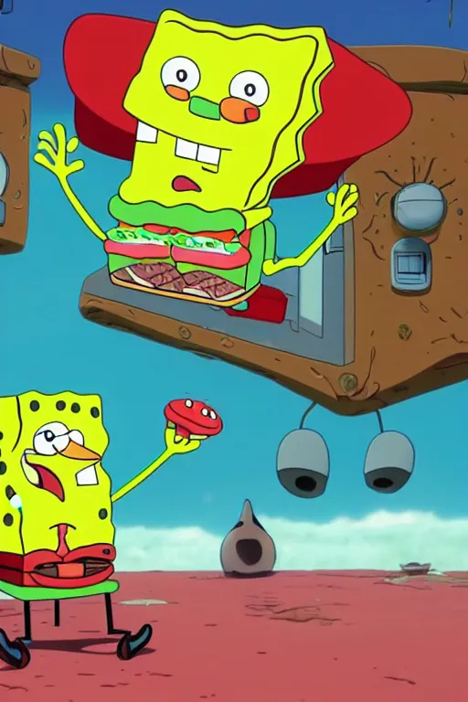 Image similar to sifi spongebob fight mr crabs for a burger, anime, 4 k