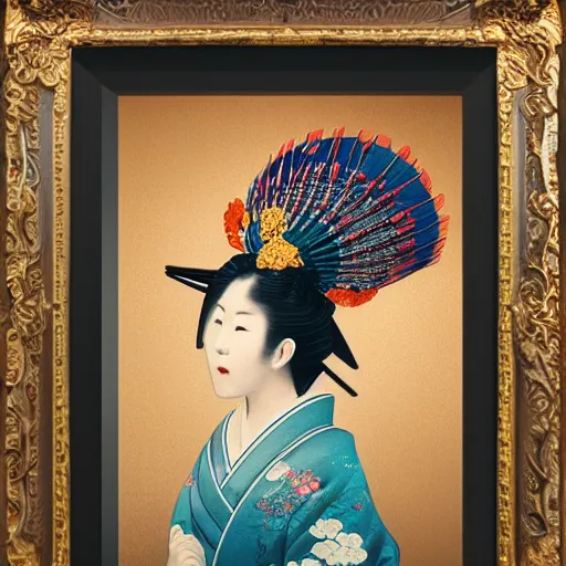 Image similar to beautiful japanese vintage panting of a lady in headdress, 3d rendered, depth of field, ultra detailed, rococo, zen concept