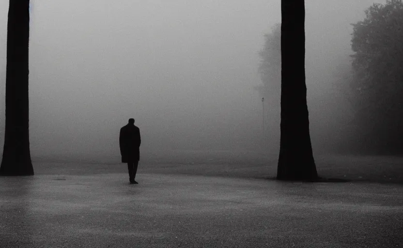 Image similar to cinematic shot of a lonely man with broken heart at park, moody scene from being john malcovich directed by charlie kaufman ( 2 0 0 1 ), foggy volumetric light morning, anamorphic lenses, kodak color film stock