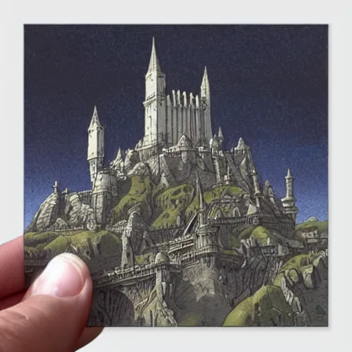 Prompt: square sticker of minas tirith by Joe fenton and Mike mignola