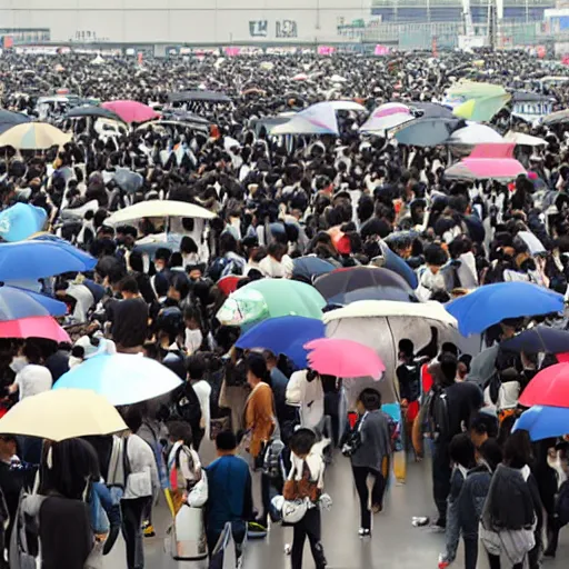 Prompt: Comiket is held during a typhoon, realistic, detailed, dramatic