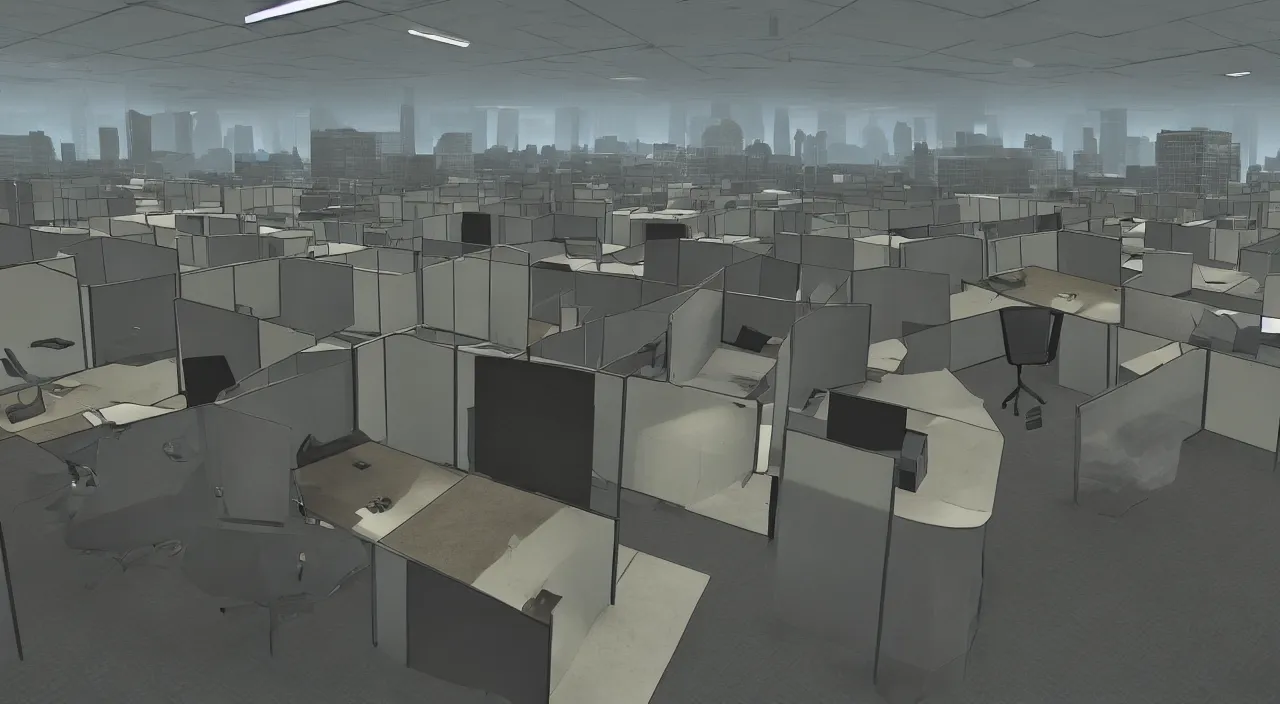 Image similar to An office at 3AM with multiple cubicles and a window that provides a view of the city, Source Engine, Gmod, Half Life 2