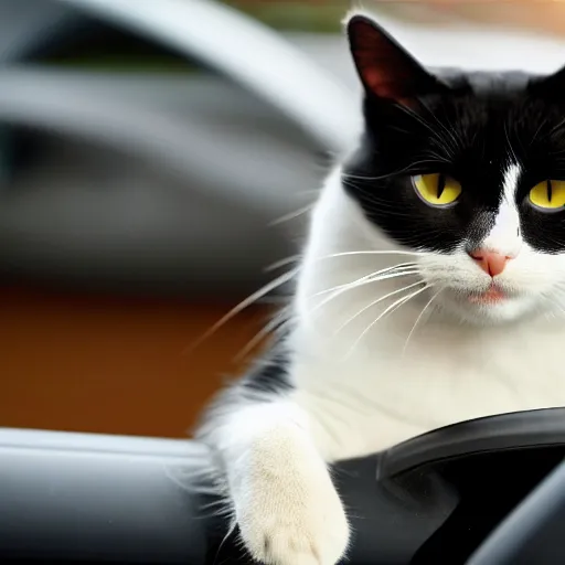 Prompt: a beautiful cat is driving a car