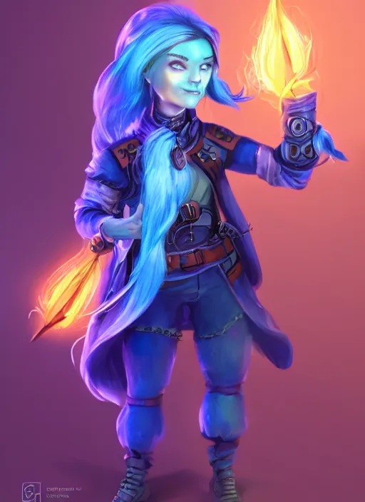 Prompt: young adult rock gnome artificer with blue hair, digital drawing, dndbeyond, bright, colourful, realistic, dnd character portrait, full body, rpg, concept art, behance hd, artstation, deviantart, global illumination, radiating a glowing aura, ray tracing hdr render in unreal engine 5
