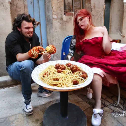 Prompt: kraken and Cthlulu share a romantic plate of spaghetti and meatballs in a Parisian alley, in the style of Disney's Lady and the Tramp,