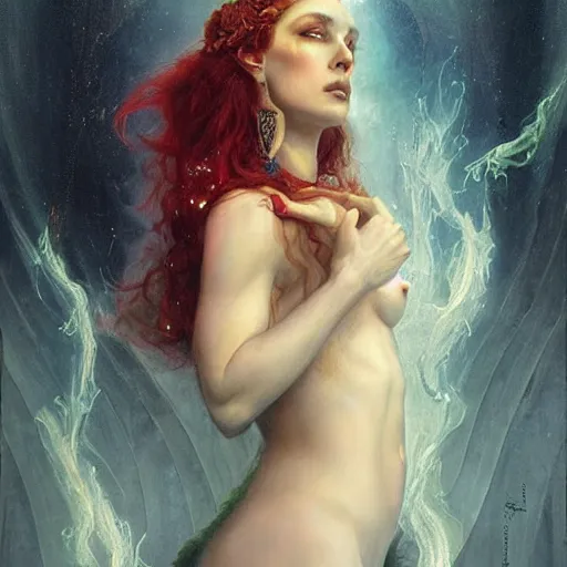 Image similar to epic masterpiece full body portrait a beautiful Persephone, queen of the underworld, with a beautiful face and flawless skin, cheeks wet with tears, in Hades, flames and smoke in background, raining ashes, by Edgar Maxence and Ross Tran and Michael Whelan