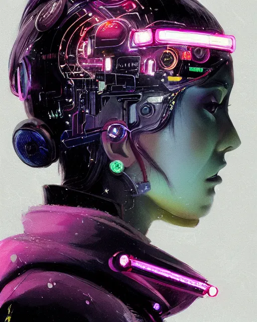 Image similar to detailed side profile portrait Neon Operator Girl, cyberpunk futuristic neon, reflective puffy coat, decorated with traditional Japanese ornaments by Ismail inceoglu dragan bibin hans thoma greg rutkowski Alexandros Pyromallis Nekro Rene Maritte Illustrated, Perfect face, fine details, realistic shaded, fine-face, pretty face