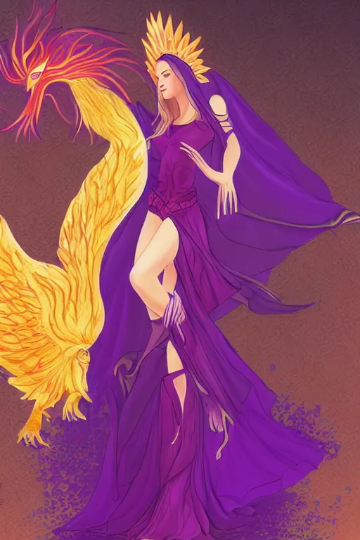 Prompt: Young beautiful woman in purple witch robes with a phoenix on her shoulder, full body shot, digital art