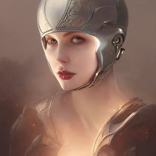 Image similar to pale skinned woman wears a metal helmet, fog, volumetric lighting, intricate, elegant, highly detailed, digital painting, artstation, concept art, smooth, sharp focus, illustration, art by artgerm and greg rutkowski and alphonse mucha