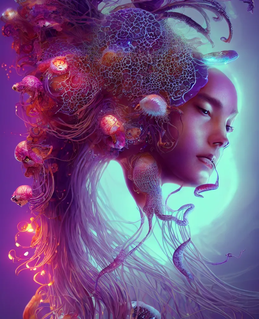 Image similar to goddess princess beautiful woman face close-up portrait ram skull. jellyfish phoenix head, nautilus, orchid, skull, betta fish, bioluminiscent creatures, intricate artwork by Tooth Wu and wlop and beeple. octane render, trending on artstation, greg rutkowski very coherent symmetrical artwork. cinematic, hyper realism, high detail, octane render, 8k