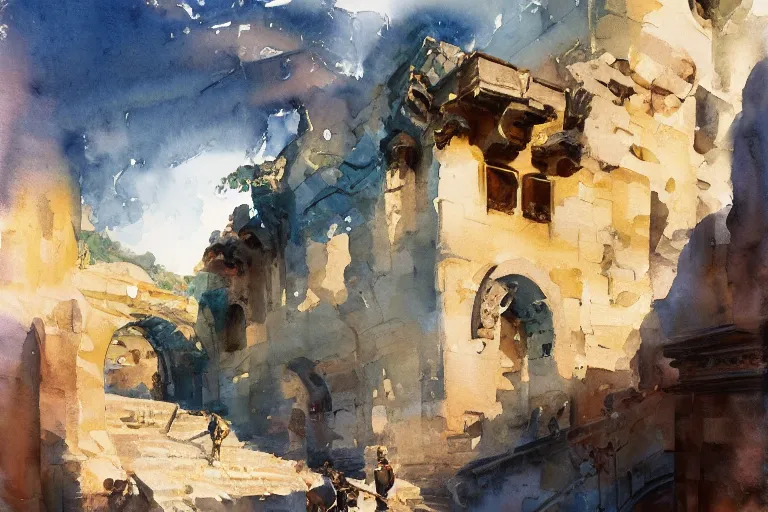 Image similar to small centered on watercolor paper, paint brush strokes, abstract watercolor painting of ancient roman arcs in bright daylight, cinematic light, national romanticism by hans dahl, by jesper ejsing, by anders zorn, by greg rutkowski, by greg manchess, by tyler edlin