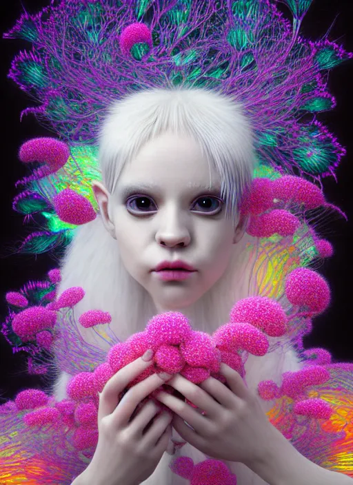 Image similar to hyper detailed 3d render like a Oil painting - kawaii portrait Aurora (white haired Singer Ferret) seen Eating of the Strangling network of yellowcake aerochrome and milky Fruit and Her delicate Hands hold of gossamer polyp blossoms bring iridescent fungal flowers whose spores black the foolish stars by Jacek Yerka, Mariusz Lewandowski, Houdini algorithmic generative render, Abstract brush strokes, Masterpiece, Edward Hopper and James Gilleard, Zdzislaw Beksinski, Mark Ryden, Wolfgang Lettl, hints of Yayoi Kasuma, octane render, 8k