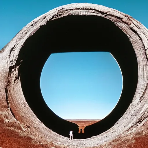 Image similar to a beautiful landscape inside a halo ring, with a mysterious structure protruding on the side of a cliff