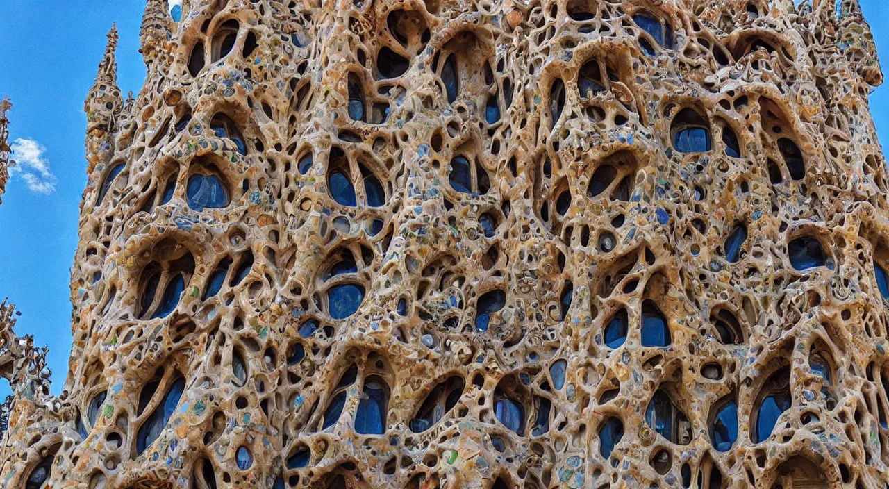 Image similar to “a woman , by Gaudí is a incredibile building like an sculpture, hyperdetailed photorealism”