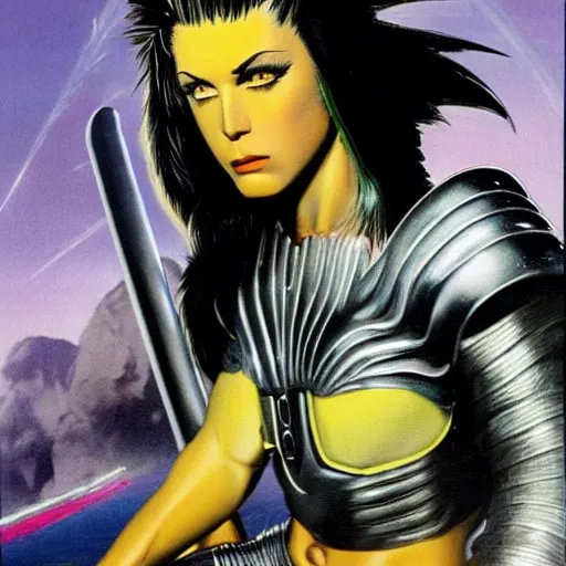 Prompt: 23-year-old muscular warrior girl wearing chrome silver armor, black spandex, electrified hair, wild spiky black hair, glam metal hair, wild black hair, yellow eyes, tropical, palm trees, chrome buildings, futuristic base, 1987, Frank Frazetta, pulp art, video game box art, hyper-detailed