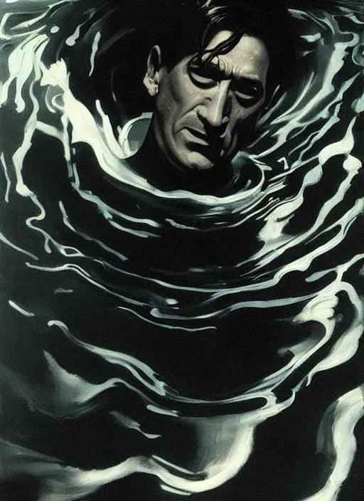 Prompt: swimming dale cooper drowning in black liquid, billowing black waves in the ocean, painting by phil hale, fransico goya, david lynch,'action lines '!!!, graphic style, visible brushstrokes, motion blur, blurry