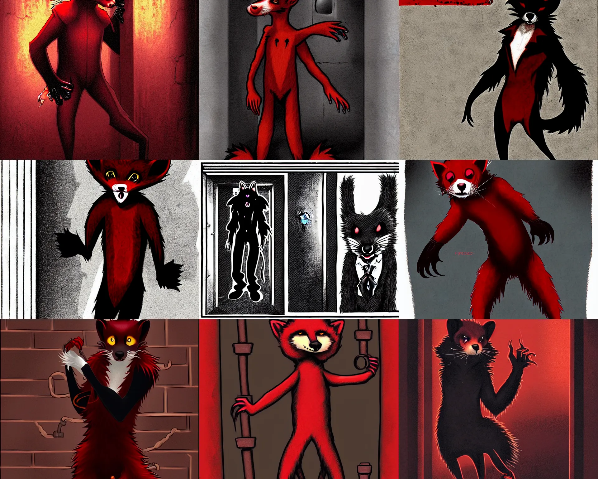 Image similar to vampire : the masquerade ( world of darkness ) source book illustration of an anthropomorphic red - black furry weasel - ferret - stoat fursona ( from the furry fandom ) in prisoner's regalia, in a prison cell, scratching at the walls