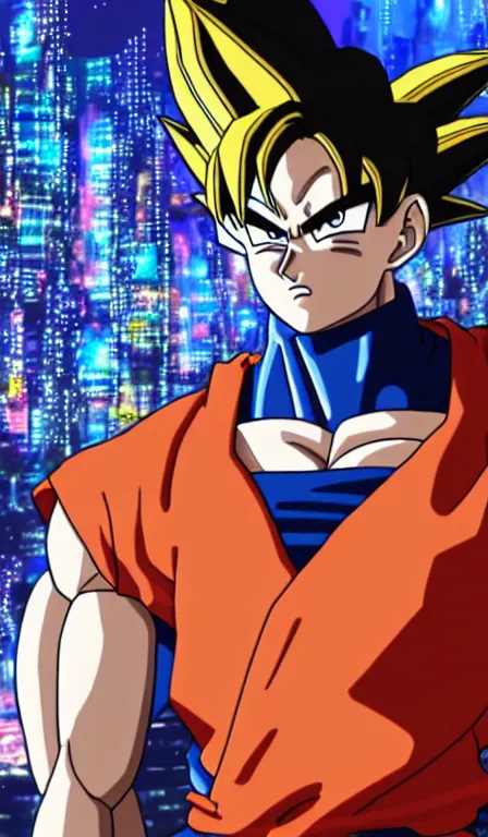 Image similar to anime fine details portrait of Goku in front of cyberpunk moder city landscape on the background deep bokeh, close-up view, anime masterpiece by Studio Ghibli. 8k, sharp high quality anime, artstation