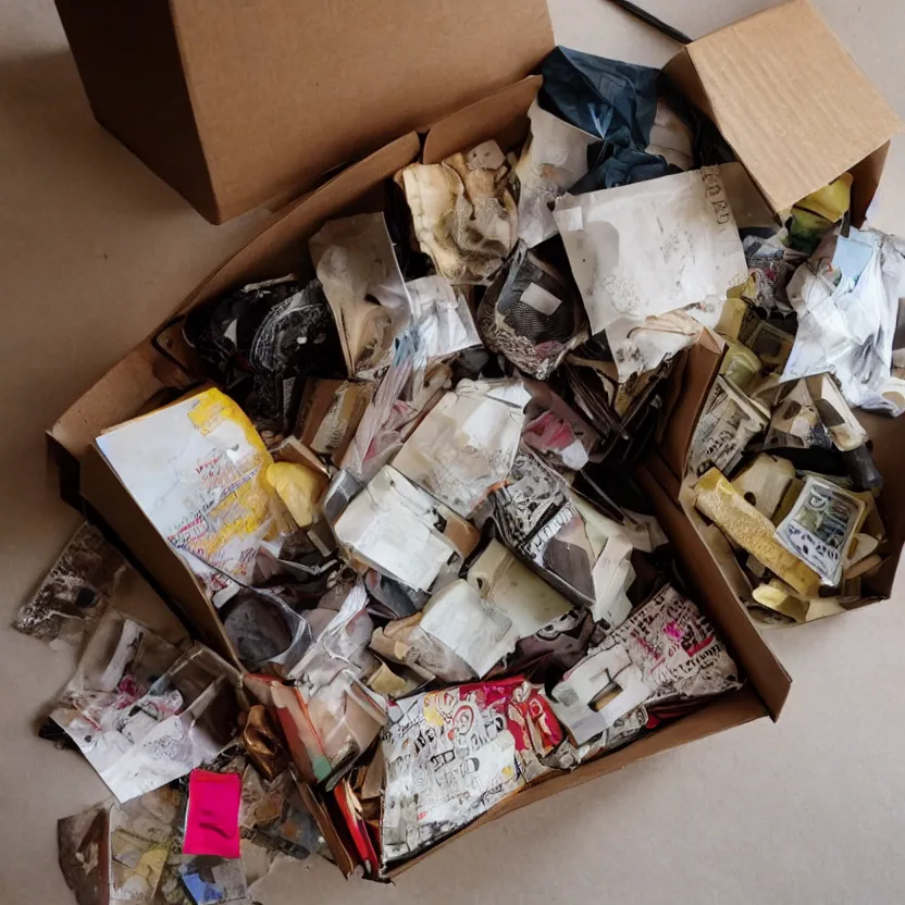 Image similar to a box of objects, various sizes, indoors, photograph