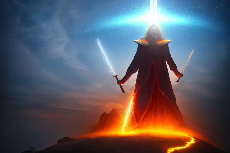 Image similar to levitating wizard wielding a sword, opening a shining portal, night sky, horizon of an erupting volcano, ultra realistic, epic lighting, high detail, trending on artstation