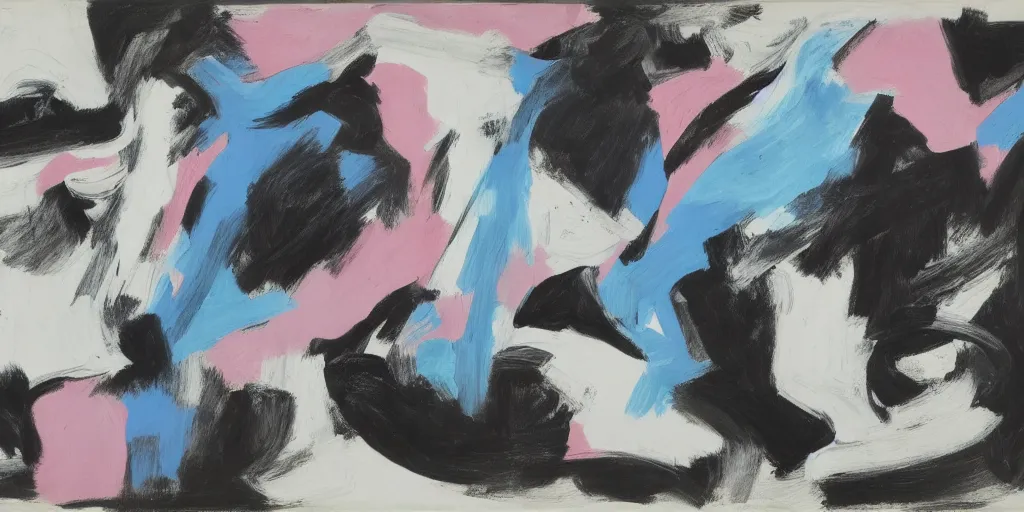 Image similar to large black white painting by de kooning on white canvas, soft blue and pink tints, thin black lines, detailed by martha jungwirth drawing sketch pencil on paper, painted by yves tanguy, oil on canvas, thick impasto