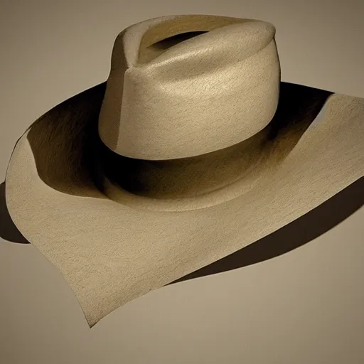 Image similar to a hat made out of parchment covered with calligraphy hyperrealistic photorealistic render 3 d detailed!!!