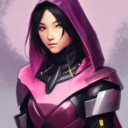 Prompt: cassandra cain in destiny hunter armor, pink armor, wearing a hooded cloak, beautiful face!!!!, 2 7 years old, cg animation, realistic, character select portrait, by artgerm, greg rutkowski, alphonse mucha, 3 d