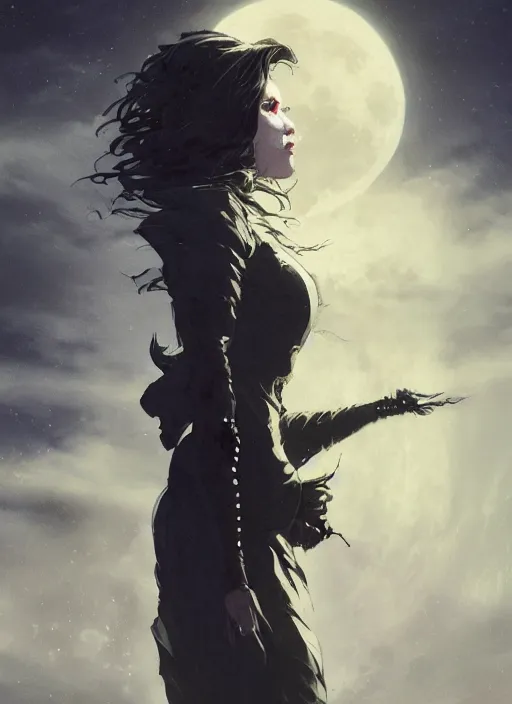 Image similar to portrait of Anna Millerstone as a Dark evil witch, big moon in the background, dramatic lighting, illustration by Greg rutkowski, yoji shinkawa, 4k, realistic photo art, concept art, trending on artstation