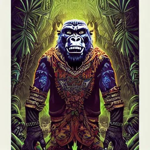 Image similar to barong family member, wiwek, mara demon, one single tribe member, jungle, one single mask, dark, ancient warrior, gorilla, lizard, tribal, inner glow, art by dan mumford and justin gerard