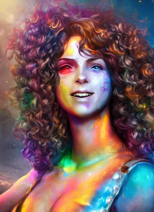 Image similar to an epic fantasy comic book style portrait painting of a girl wearing colorful makeup with a smile and curly brown hair stepping out of a doorway with light shining behind her, unreal 5, daz, hyperrealistic, octane render, cosplay, rpg portrait, dynamic lighting