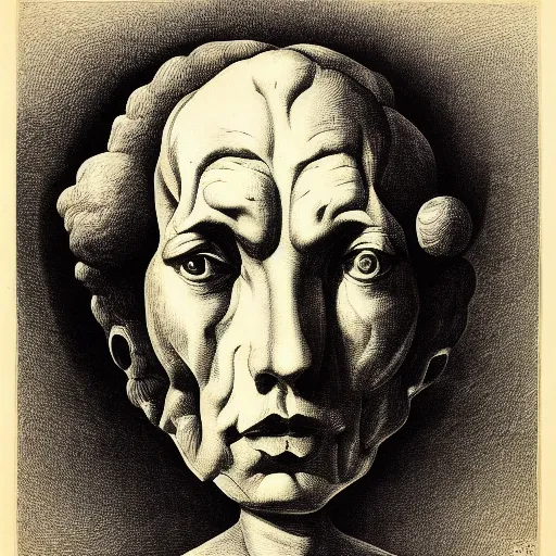 Image similar to lithography on paper conceptual figurative post - morden monumental portrait by goya and escher and hogarth, illusion surreal art, highly conceptual figurative art, intricate detailed illustration, controversial poster art, polish poster art, geometrical drawings, no blur