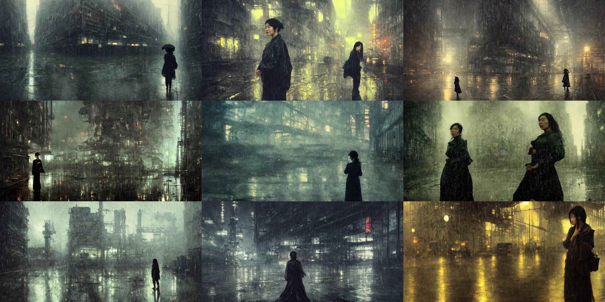 Prompt: an asian woman in abandoned industrial city with towering factories at night in the rain, beautiful face, dark moody lighting, by jeremy mann and alphonse mucha, dramatic lighting, ethereal, stunning, breathtaking, awe - inspiring award - winning, 8 k