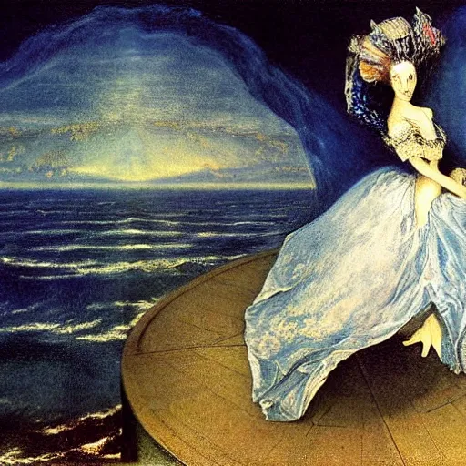 Image similar to Marie Antoinette levitating over the sea. El Greco, Remedios Varo, Salvador Dali, Carl Gustav Carus, John Atkinson Grimshaw. Blue tint. Symetrical, logo, geometric shapes.