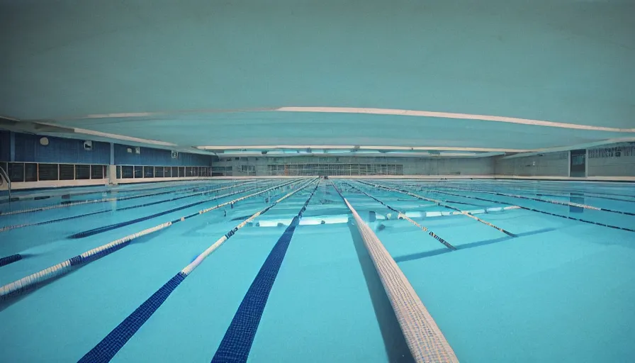 Image similar to 1 9 6 0 s movie still of empty blue tiles swimmingpool, cinestill 8 0 0 t 3 5 mm, high quality, heavy grain, high detail, panoramic, ultra wide lens, cinematic composition, dramatic light, flares, anamorphic, liminal space