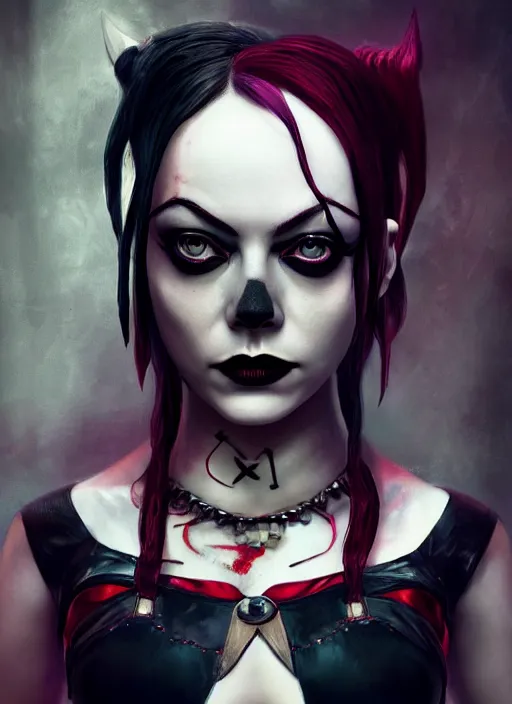 Image similar to dark goth gothic autumn portrait of emma stone as harley quinn, pretty face, hyper detailed, digital art, cinematic lighting, studio quality, smooth render, unreal engine 5, octane rendered, art style by klimt and nixeu and ian sprigger and krenz cushart.