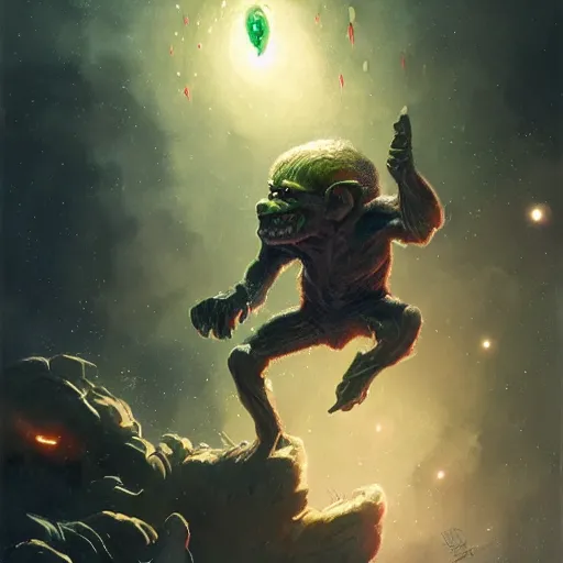 Prompt: portrait of goblin emmanuel macron falling into the stars by greg rutkowski, 4k, intricate details