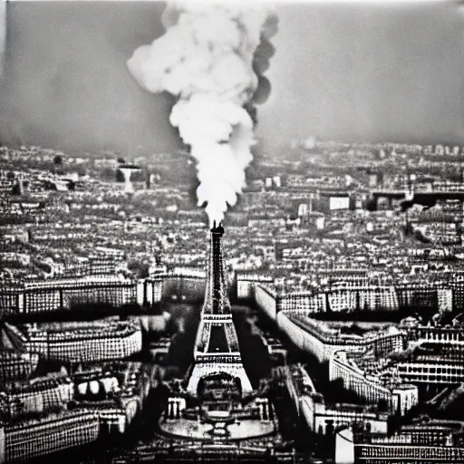 Image similar to extensive smoke rising from the top of the eiffel tower, aerial view, several police cars and crowds running across the ground, polaroid, 6 0's, hyperrealism, no blur, 4 k resolution, ultra detailed