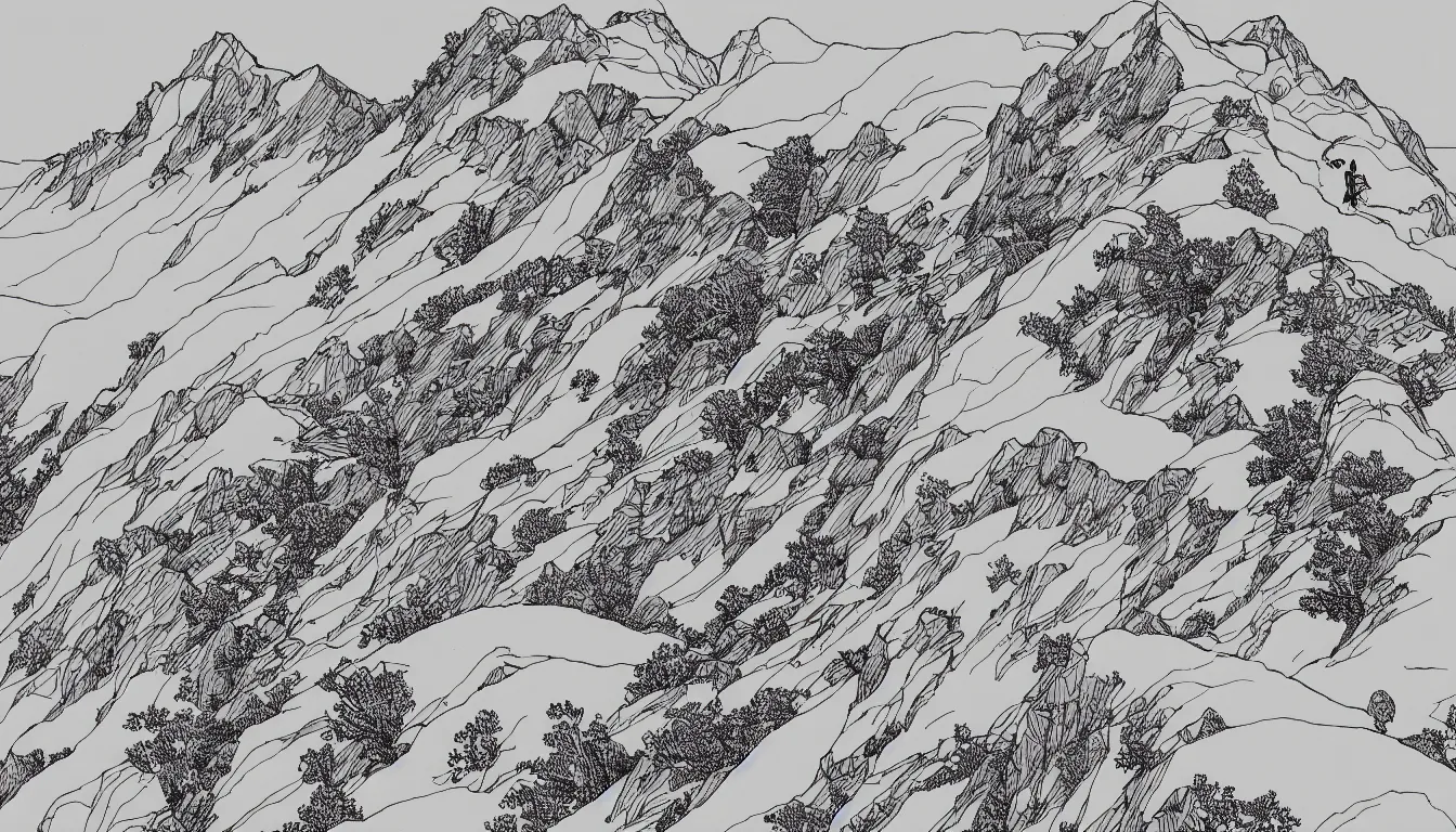 Image similar to lone backpacker on mountain ridgeline, minimalist line art by moebius, clean long lines, ultra detailed