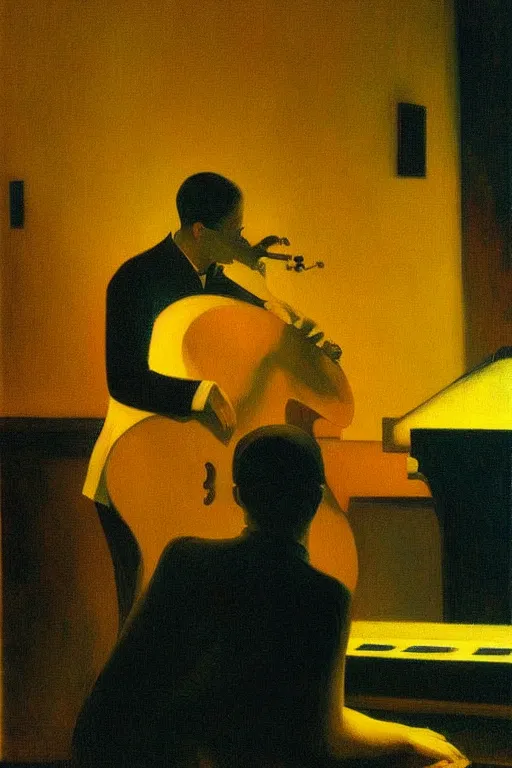 Image similar to a Jazz music and beat poetry performance on night club, Edward Hopper and James Gilleard, Zdzislaw Beksisnski, highly detailed