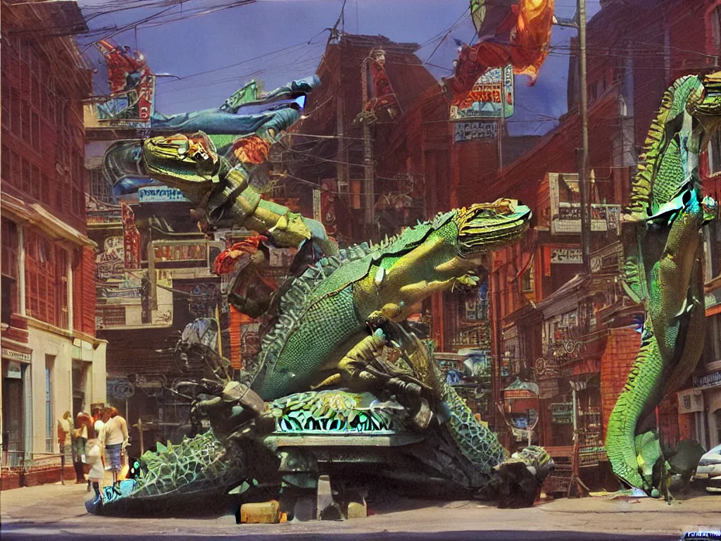 Prompt: Giant Water Dragon Iguana Bot on Main Street in a Small American Town, by Bob Eggleton and Edward Hopper and Alejandro Burdisio