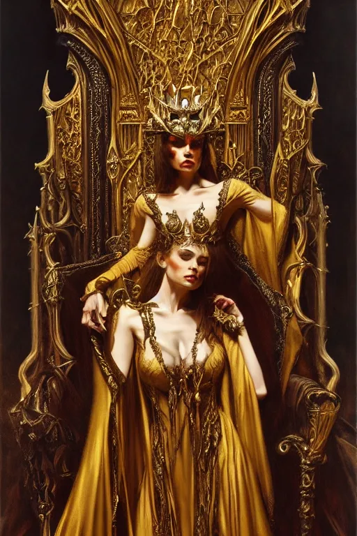 Prompt: full body portrait of beautiful vampire queen in gold gothic robe sitting on a throne of bones, elegant, highly detailed painting by gaston bussiere, craig mullins, j. c. leyendecker, 8 k, mid shot