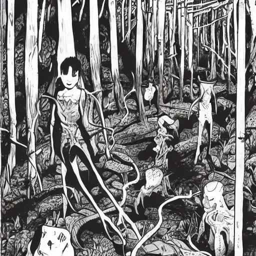 Prompt: sci - fi, hunters of monsters walking in a meat and bone forest, art by tetsuo hara