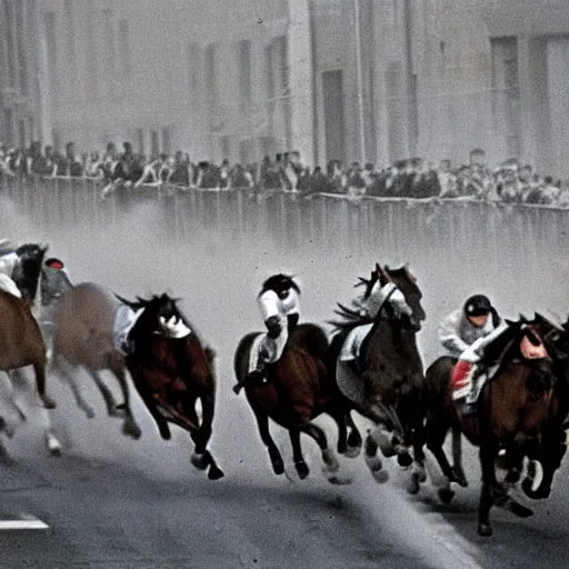 Image similar to horses racing against cars in a heated race in 1975, shot from a Pulitzer winning photography