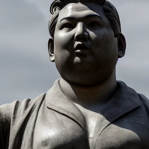 Prompt: greek statue pose, hyper - realistic photo of kim jong - un accepting surrender us volumetric lighting, 8 k, octane perfectly detailed rendering, extremely hyper detailed, intricate, epic composition, cinematic lighting, masterpiece, artstation trend, very highly detailed, stunning, hdr, smooth, sharp focus, high resolution, award winning photo, dslr, 5 0 mm