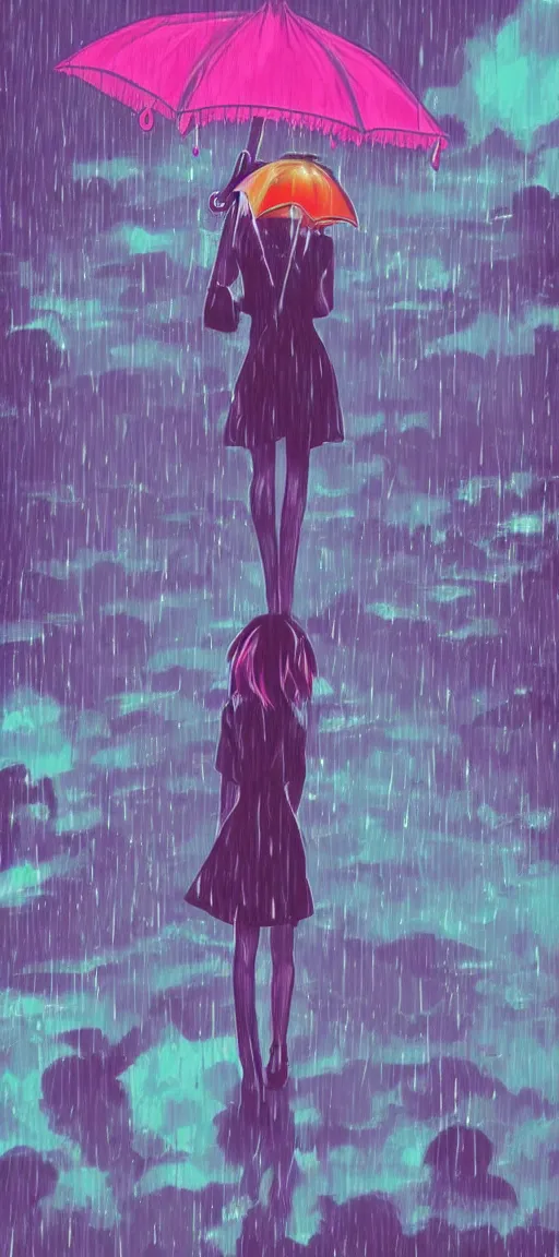 Prompt: beautiful drawing style, lone girl holding umbrella, contrast, visible rain, vaporware cartoon manga japan background, vibrant neon pastel, kawaii, rainy gloomy, rainy night