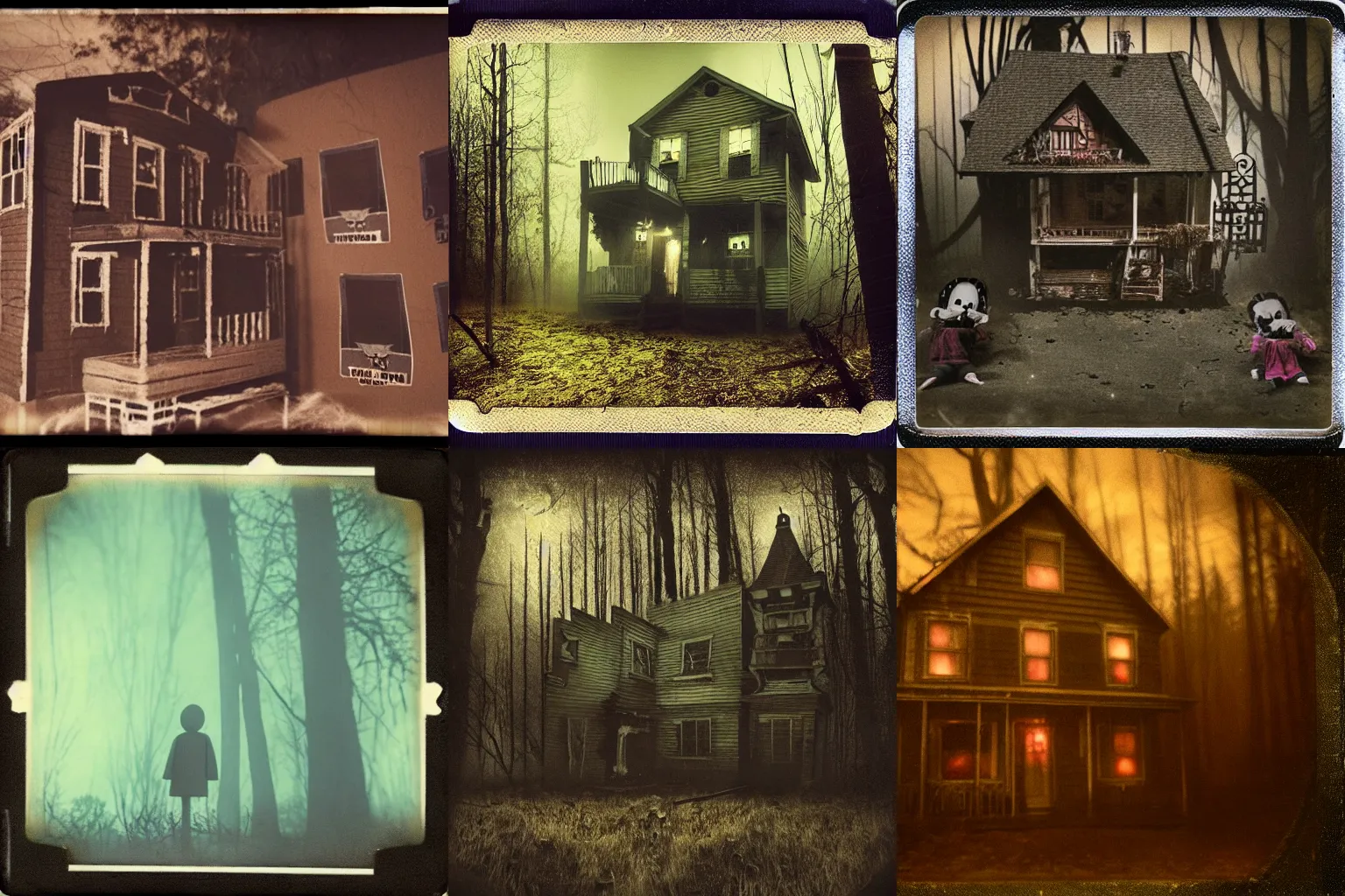 Prompt: an eerie polaroid photograph of a scary evil horrifying doll house in the woods, nighttime, dimly lit, creepy hd 4k