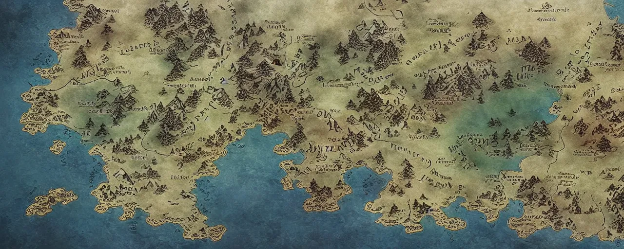 Prompt: map of middle - earth. witcher 3. velen. novigrad. detailed. art by moebius and thomas kinkade and greg rutkowski.